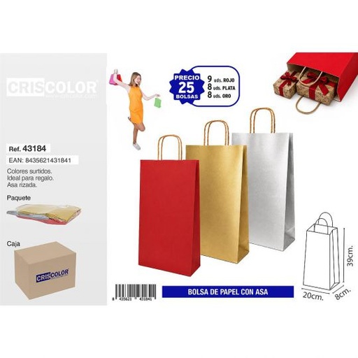 [43184] BOLSA PAPEL CON ASA 20+8x39 SURTIDO PLUS (PACK 25 UDS)
