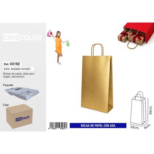 [43182] BOLSA PAPEL CON ASA 20+8x39 ORO (PACK 25 UDS)
