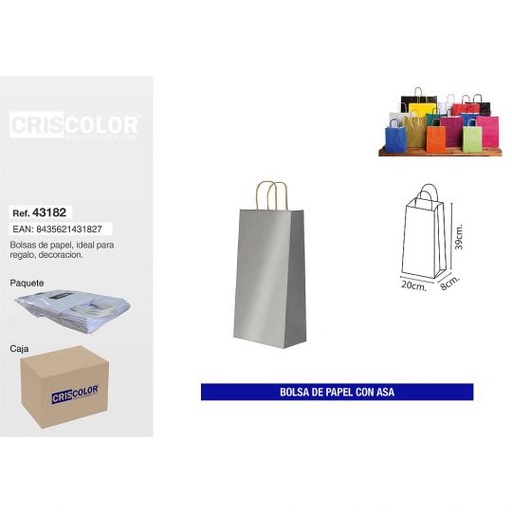 [43183] BOLSA PAPEL CON ASA 20+8x39 PLATA (PACK 25 UDS)