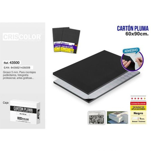[43500] CARTON PLUMA 60X90 NEGRO ADHESIVO (CAJA DE 25 UND.)