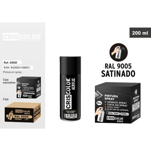 [43650] PINTURA SPRAY ACRYLIC NEGRO SATINADO RAL 9005 200ML