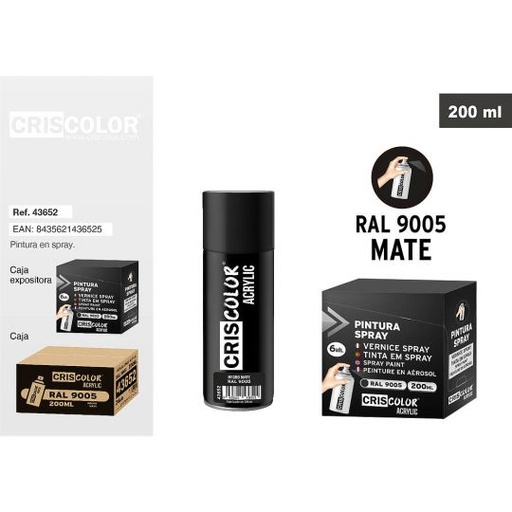 [43652] PINTURA SPRAY ACRYLIC NEGRO MATE RAL 9005 200ML