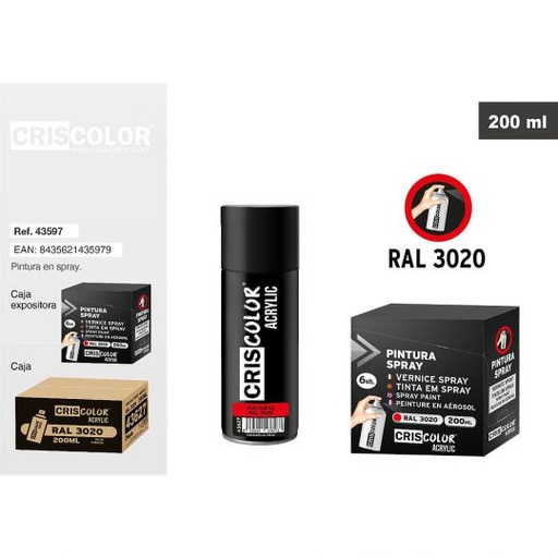 [43627] PINTURA SPRAY ACRYLIC ROJO TRAFICO RAL 3020 200ML