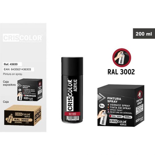 [43630] PINTURA SPRAY ACRYLIC ROJO CARMIN RAL 3002 200ML