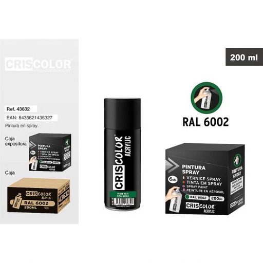 [43632] PINTURA SPRAY ACRYLIC VERDE HOJA RAL 6002 200ML