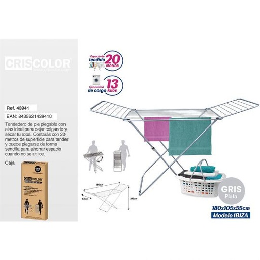 [43941] TENDEDERO METALICO PLEGABLE 180X105X55CM GRIS PLATA IBIZA