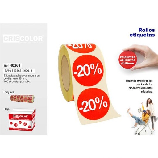 [07261] ROLLO ETIQUETAS "-20%"  (400 und. por rollo)