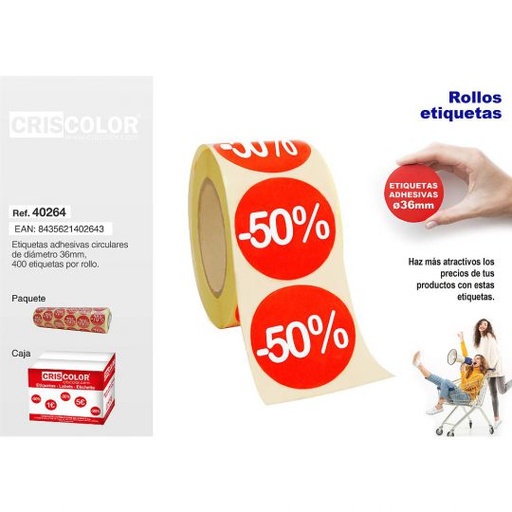 [07264] ROLLO ETIQUETAS "-50%"  (400 und. por rollo)