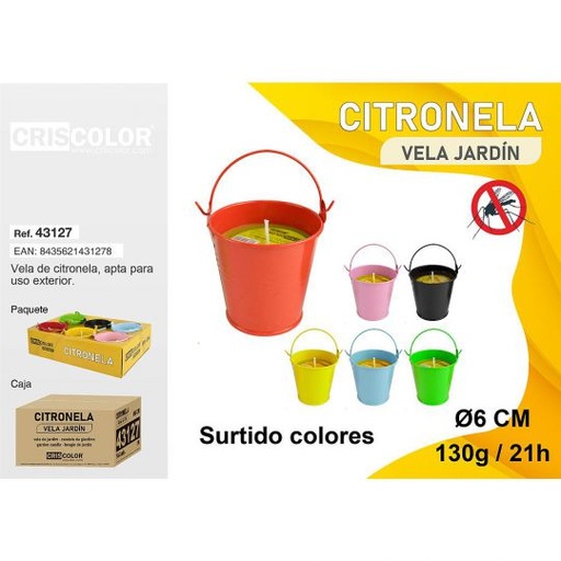 [43127] VELA CITRONELA CUBO METAL Ø6 CM SURTIDO COLORES (Pack 6 und.)