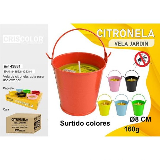 [43831] VELA CITRONELA CUBO METAL Ø8,2 CM SURTIDO COLORES (Pack 6 und.)