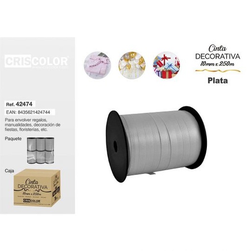 [42474] CINTA DECORATIVA 10MMX250M PLATA
