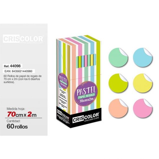[44098] PAPEL REGALO 70CMX2M PASTEL (Caja 60 Und).
