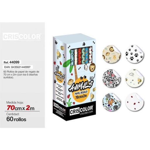 [44099] PAPEL REGALO 70CMX2M ANIMALS (Caja 60 Und).