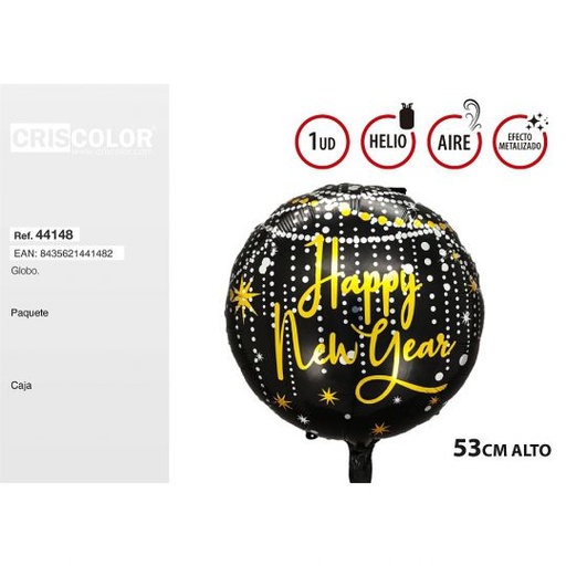 [44148] GLOBO REDONDO HAPPY NEW YEAR ORO Y NEGRO 53CM