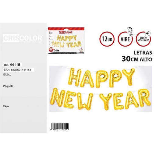 [44115] GLOBOS LETRAS HAPPY NEW YEAR ORO 30CM