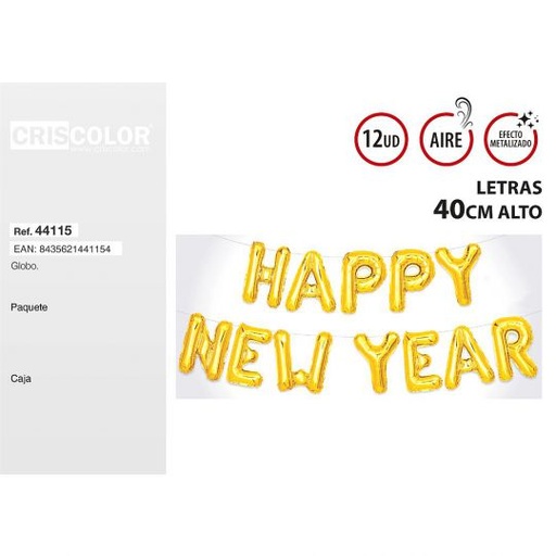 [44115] GLOBOS LETRAS HAPPY NEW YEAR ORO 40CM