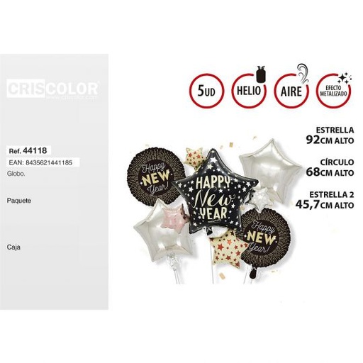 [44118] SET GLOBOS ESTRELLAS HAPPY NEW YEAR 5UDS
