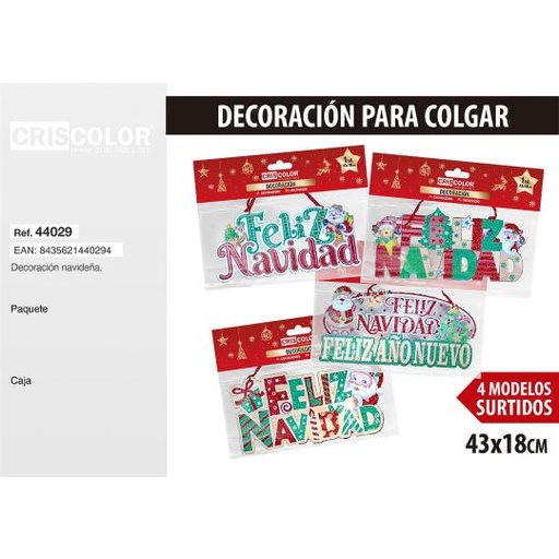 [44029] DECORACION PARA COLGAR FELIZ NAVIDAD SURTIDO 4 UND.