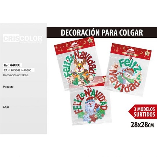 [44030] DECORACION PARA COLGAR FELIZ NAVIDAD REDONDO SURTIDO 3 UND.