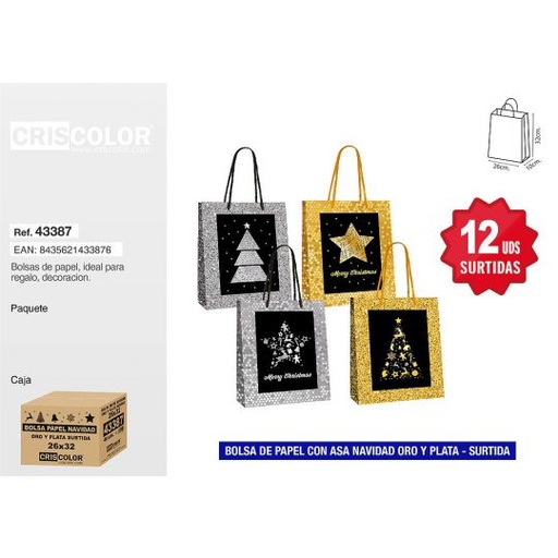 [43387] BOLSA PAPEL 26+10x32 NAVIDAD ORO Y PLATA SURTIDA 210GR (Precio Unitario)