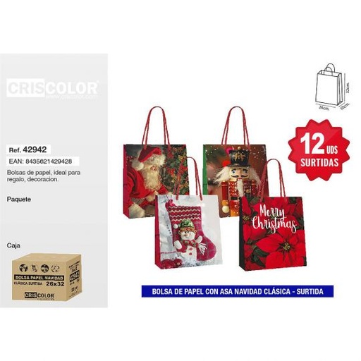 [42942] BOLSA PAPEL 26+10x32 NAVIDAD CLASICA SURTIDA 210GR (Pack 12Und).