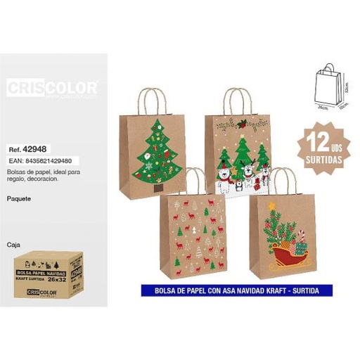 [42948] BOLSA PAPEL 26+10x32 NAVIDAD KRAFT SURTIDA 120GR (Precio Unitario)