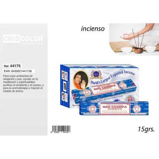 [44175] SATYA SAI BABA NAGCHAMPA INCENSE 15grs (Caja 12 Paquetes)