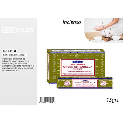 [44193] SATYA COMPETITIVE SERIE: GREEN CITRONELLA 15grs (Caja 12 Paquetes)