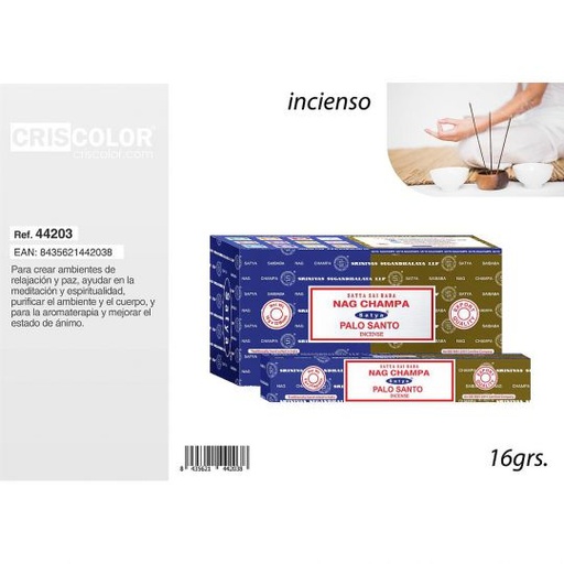 [44203] SATYA COMBO SERIE: NAGCHAMPA PALO SANTO 16grs (Caja de 12 Und.)
