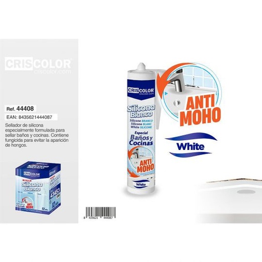 [44408] SILICONA BLANCA BAÑOS Y COCINAS ANTIMOHO 280ML (Caja de 12Und).