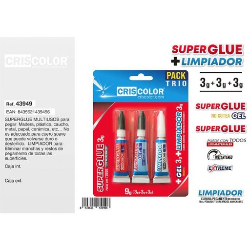 [43949] SUPER GLUE MULTIUSOS 3G + LIMPIADOR 3G + GEL 3G