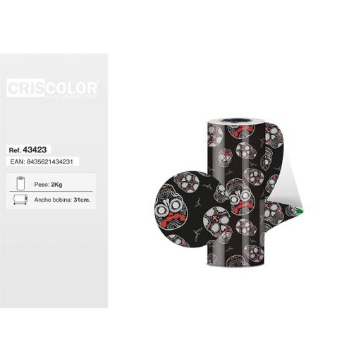 [43423] BOBINA PAPEL REGALO DECORADO 31CM CALAVERAS