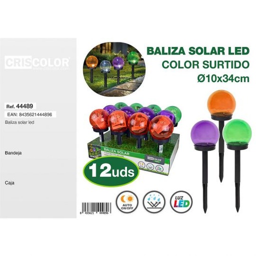 [44489] BALIZA SOLAR JARDIN LED COLOR SURTIDO Ø10X34CM (Pack 12 Und).