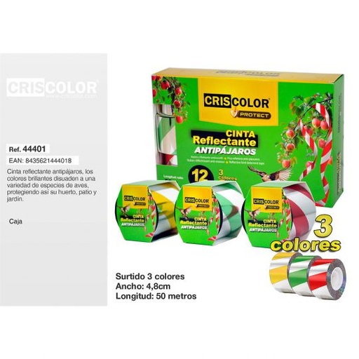 [44401] CINTA REFLECTANTE ANTIPAJAROS 4,8CMX50M SURTIDO RAYAS (Precio Unitario)