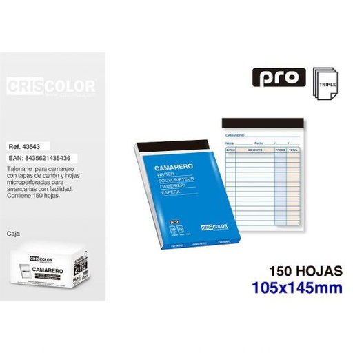 [43543] CAMARERO 105X145MM TRIPLICADO150 HOJAS 50 JUEGOS (Pack 12Und).