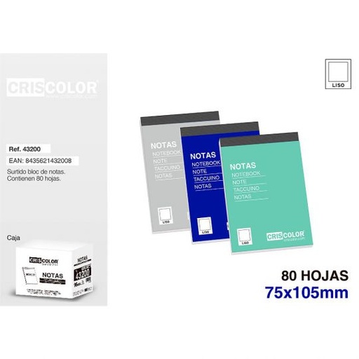 [43200] SURTIDO NOTEBOOK LISO 80H 75X105MM (Pack 12Und).