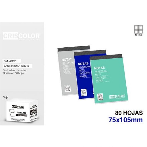 [43201] SURTIDO NOTEBOOK CUADRICULA 80H 75X105MM (Pack 12Und).
