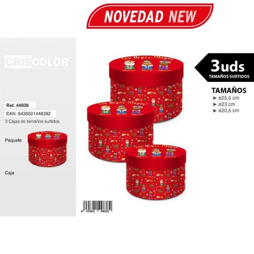 [44838] CAJAS REDONDA NAVIDAD MELCHOR GASPAR BALTASAR ROJA TAMAÑO L SURTIDO 3UDS
