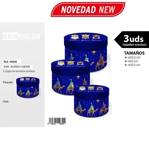[44839] CAJAS REDONDA NAVIDAD MELCHOR GASPAR BALTASAR AZUL TAMAÑO L SURTIDO 3UDS