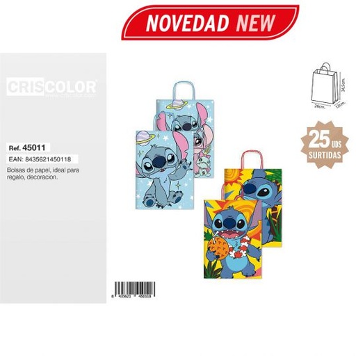 [45011] BOLSA PAPEL 26+12X34,5CM STITCH SURTIDA 110GR (PACK 25 UDS)