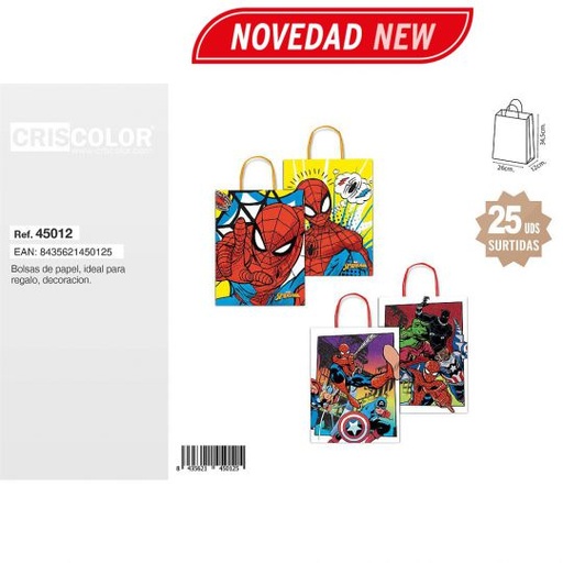 [45012] BOLSA PAPEL 26+12X34,5CM VENGADORES SURTIDA 110GR (PACK 25 UDS)