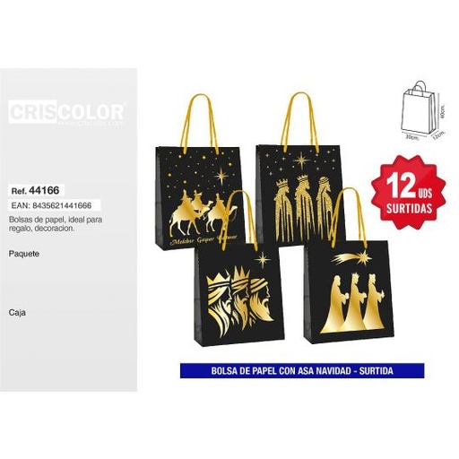 [44166] BOLSA PAPEL 30+12x40 NAVIDAD REYES MAGOS ORO SURTIDA 210GR (Pack 12UDS)