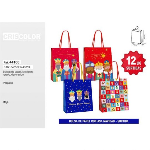 [44165] BOLSA PAPEL 30+12x40 NAVIDAD REYES MAGOS SURTIDA 210GR (Pack 12Und).
