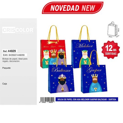 [44829] BOLSA PAPEL 30+12x40 NAVIDAD MELCHOR GASPAR BALTASAR SURTIDA 210GR (Pack 12Und).