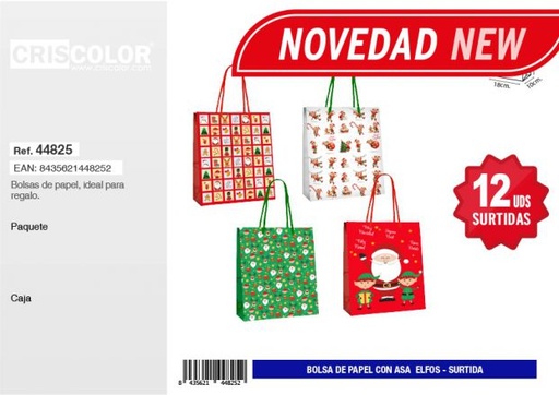 [44825] BOLSA PAPEL 18+10x23 NAVIDAD ELFOS SURTIDA 210GR (Pack 12Und).