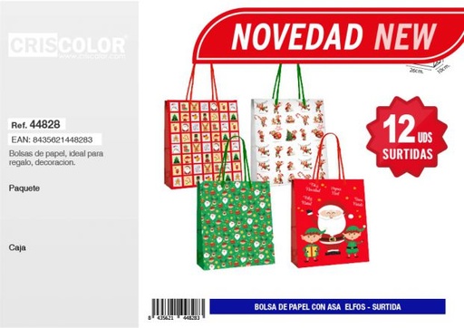[44828] BOLSA PAPEL 26+10x32 NAVIDAD ELFOS SURTIDA 210GR (Pack 12Und).