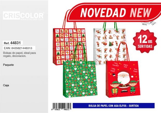 [44831] BOLSA PAPEL 30+12x40 NAVIDAD ELFOS SURTIDA 210GR (Pack 12Und).