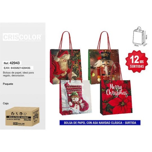 [42943] BOLSA PAPEL 30+12x40 NAVIDAD CLASICA SURTIDA 210GR (Pack 12Und).