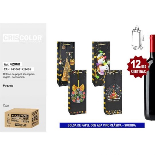 [42968] BOLSA PAPEL 14+8x36 BOTELLA NAVIDAD CLASICA SURTIDA 210GR (Pack 12Und).