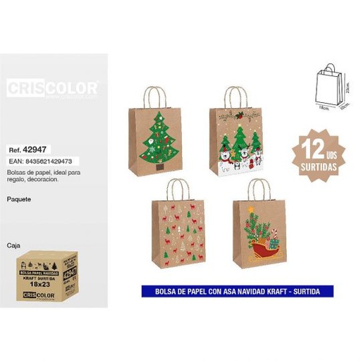 [42947] BOLSA PAPEL 18+10x23 NAVIDAD KRAFT SURTIDA 120GR (Pack 12 Und).